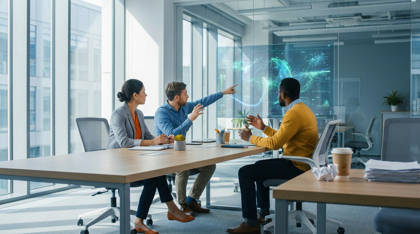Three diverse individuals collaborate in a bright office, one pointing at a transparent AI data display. A coffee cup suggests pressure.