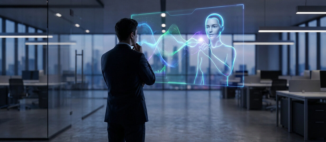 A man in a modern office observes a glowing holographic projection featuring abstract data streams and a human-like digital avatar.