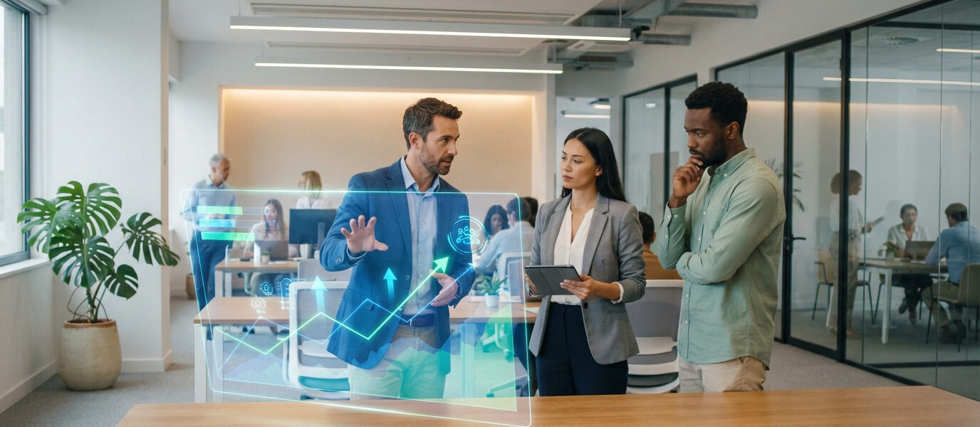 Three diverse professionals discuss strategy using a holographic AI display in a modern office, symbolizing HR innovation.