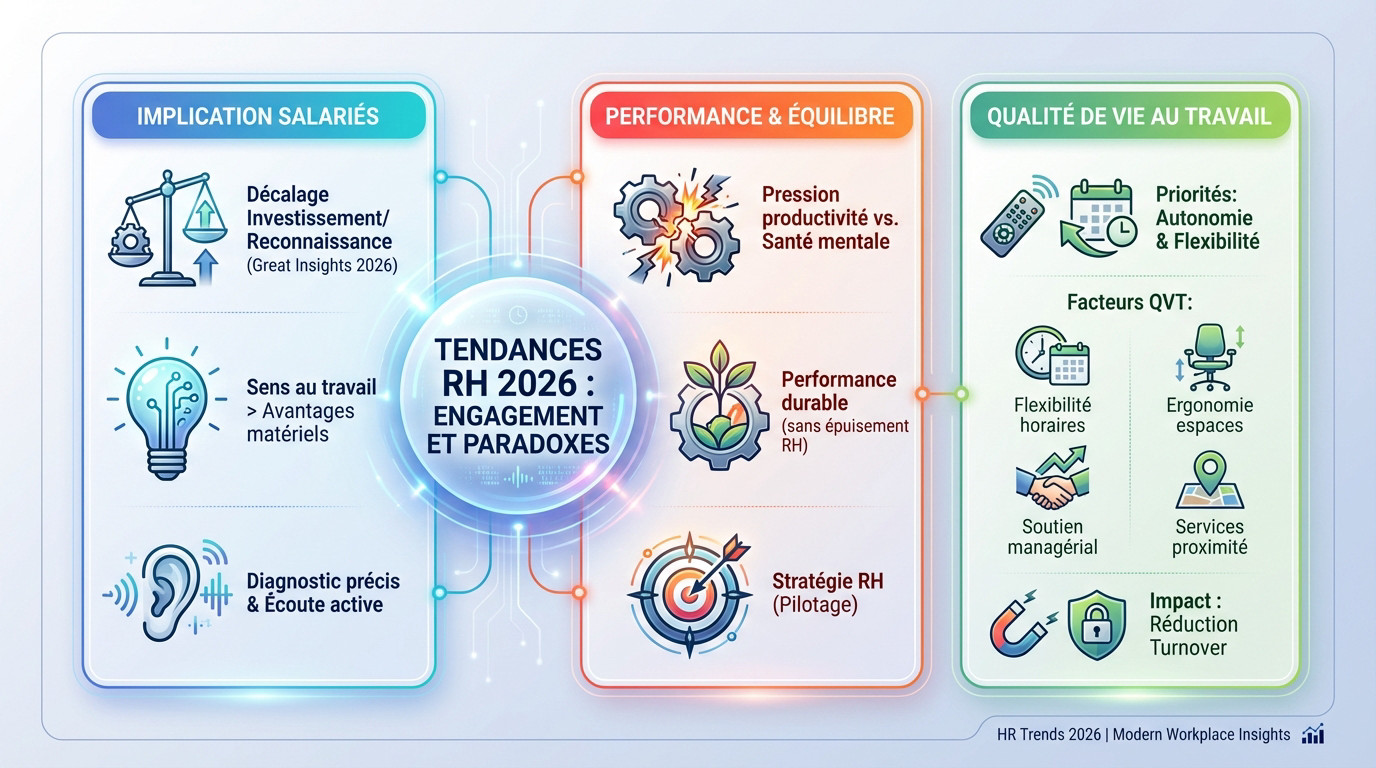 Analyse des tendances RH 2026 montrant l'équilibre entre engagement salarié et paradoxes organisationnels