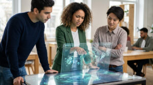 Trois professionnels diversifiés analysent des données sur une interface holographique lumineuse dans un bureau moderne.
