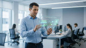 Homme interagissant avec un écran transparent affichant l'assistant de recrutement IA, avec graphiques et profils. Bureau moderne en arrière-plan.