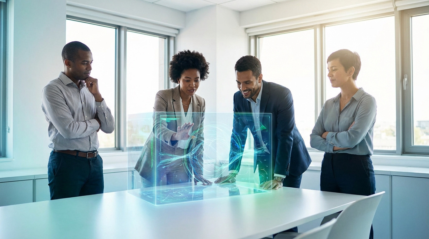 Four diverse professionals collaborate around a glowing holographic AI display in a modern office, analyzing abstract data visualizations.
