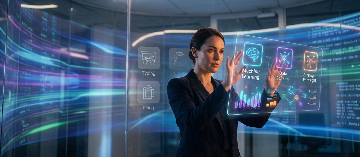 Femme interagit avec une interface holographique affichant IA, science des données et prospective stratégique, face à l'obsolescence.