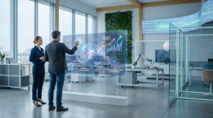 Deux professionnels dans un bureau high-tech analysent des données sur un écran transparent interactif, avec mur végétal et robot.