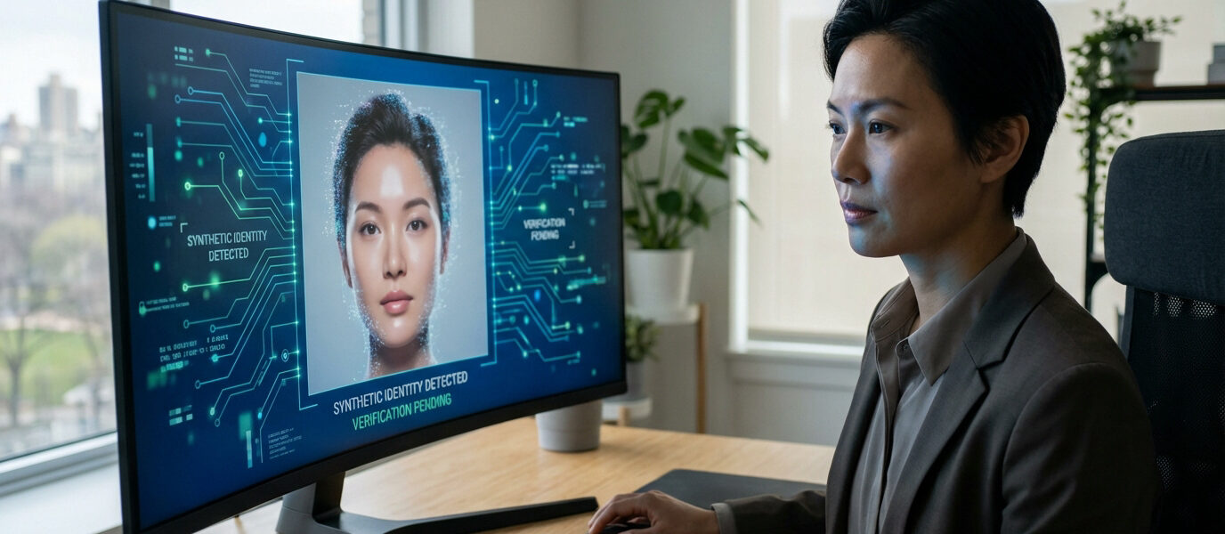Une femme devant un écran affichant un visage numérique et la mention « Identité synthétique détectée », l'IA face à la fraude.