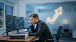 Homme stressé devant des écrans de trading, une flèche de croissance néon derrière lui symbolise le succès non récompensé.